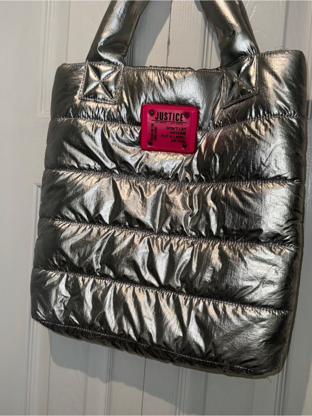 Justice Metallic Silver Quilted Tote with Pink Logo Patch